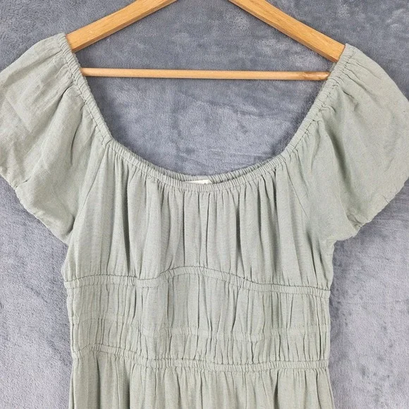 Womens Dress Medium Green Milkmaid Linen Boho Tiered Midi Babydoll Cottagecore - Picture 6 of 8